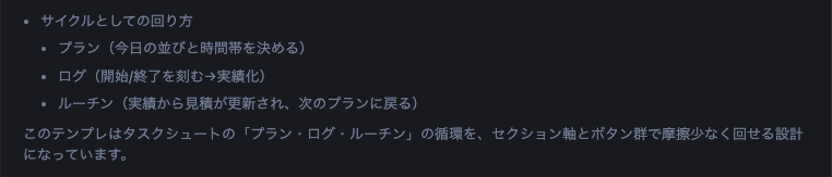 TaskChute for Notionの中身をmdファイル化してCursorで作り込んでいるんだけど、TaskChute for Notionの仕組みをプラン・ログ・ルーチンの枠組みで理解できるかと聞いたらバッチリ返ってきた。これは賢い。
そしてCursorでの運用がとてもうまくいっていると思う！