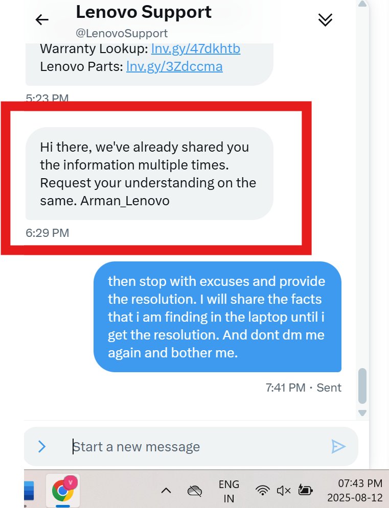 VoiceModeOn's tweet photo. Arman, @Lenovo_in, @Lencare_In & #ComnetInfotechBaliNagarNewDelhi, 
I’ve already made it clear that I do not want to receive DMs unless you are providing a resolution. 

Asking me to “understand” without addressing the tampering, wiped logs, and misrepresentation is not acceptable. 
Please respond publicly and with a concrete solution.

#NotBackingDown
#UsedSoldAsNew #ConsumerAlert #LenovoLaptop #ConsumerRights #UnfairTradePractice

@NCH1915 @jagograhakjago @consaff @consumerforum_ @consumerForumCF @inconsumerforum @skatyal1