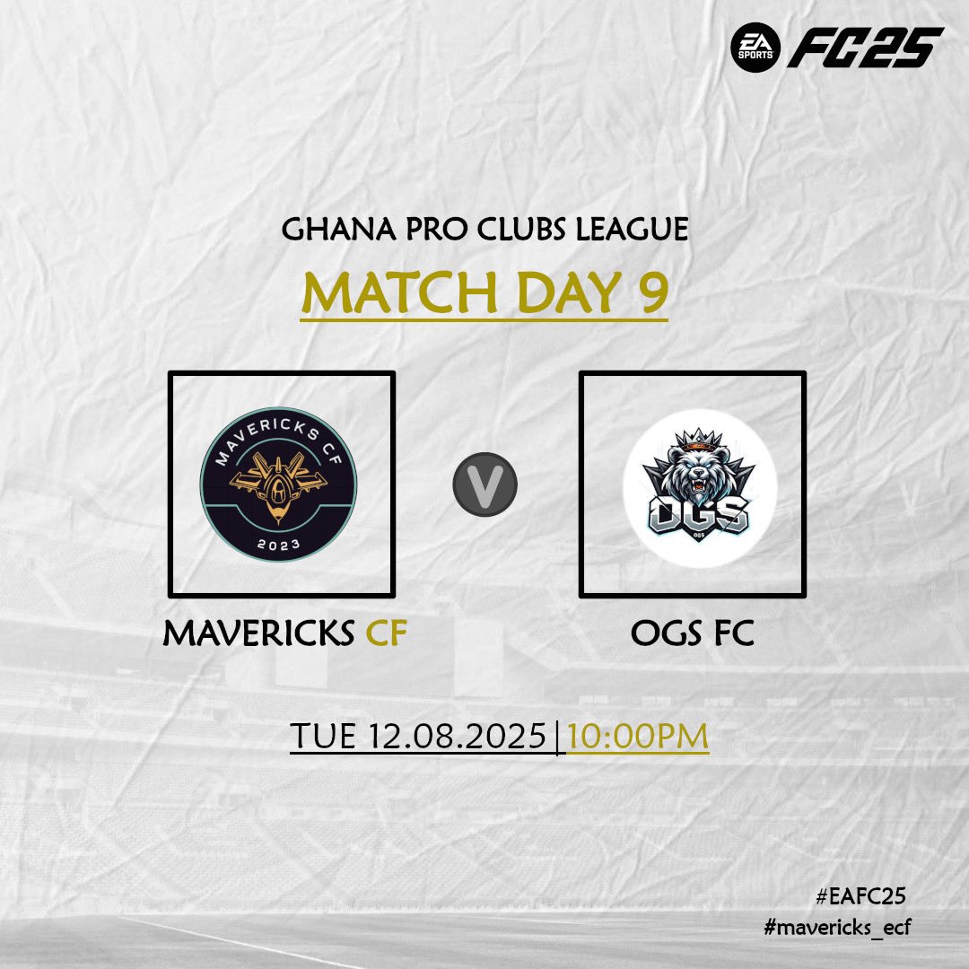 Mavericks CF (@mavericks_ecf) on Twitter photo ππ§βπ¦ π ππ§πππππ¬!!! π₯β½
π Ghana ProClubs League Division 1 SO3
π <a href="/ogs_fc10/">OGs FC</a> 
β° 10:00 PM KO GMT
πΊ youtube.com/@haksantino
#GPL #EAFC25 #Clubs #VPGamers ππ§βπ¦ π ππ§πππππ¬!!! π₯β½
π Ghana ProClubs League Division 1 SO3
π <a href="/ogs_fc10/">OGs FC</a> 
β° 10:00 PM KO GMT
πΊ youtube.com/@haksantino
#GPL #EAFC25 #Clubs #VPGamers
