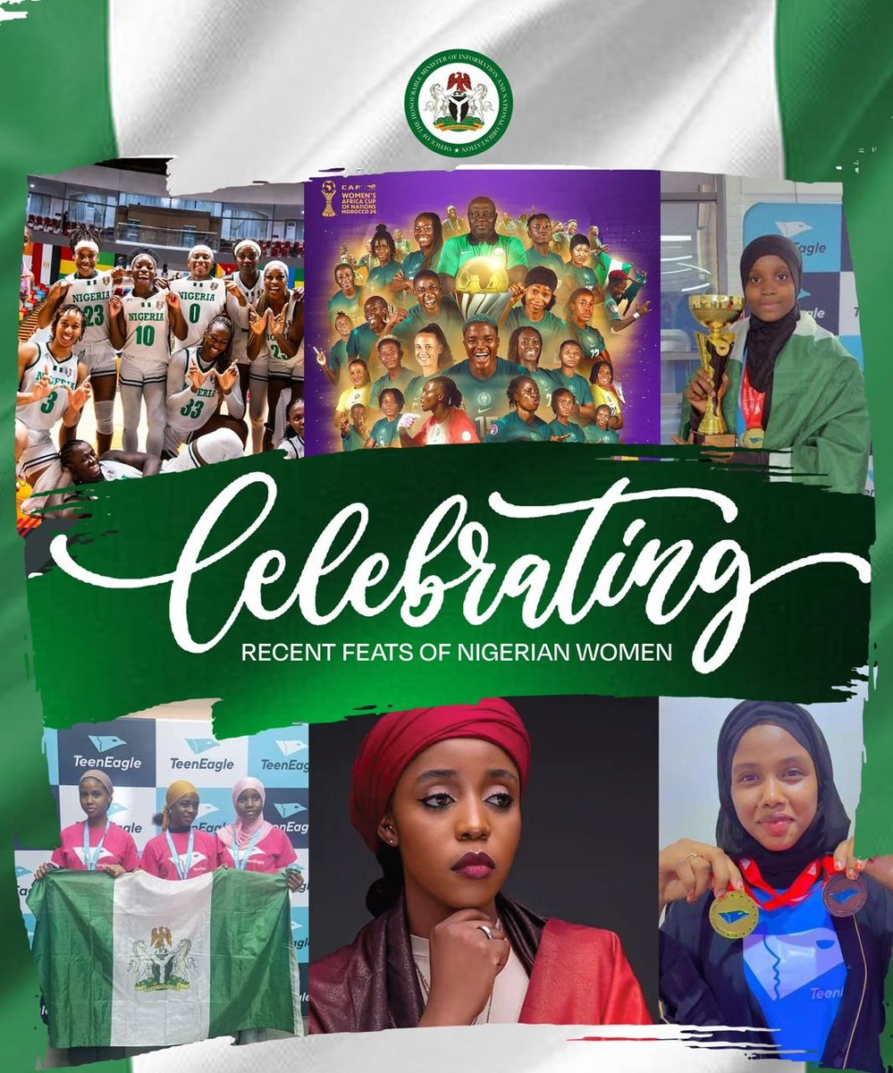 Mohammed Idris, FNIPR (@hmmohammedidris) on Twitter photo We celebrate these amazing young Nigerian women who have done us proud in various ways, from sports to arts and advocacy, to the humanities.
āThe #MissionX <a href="/NGSuper_Falcons/">NGSuper_Falcons</a>
āThe #MissionV <a href="/DtigressNG/">DTigress</a>
āMaryam Hassan Bukar, First UN Global Peace Advocate <a href="/Alhan_islam/">AlhanĆslam</a>
āNafisa We celebrate these amazing young Nigerian women who have done us proud in various ways, from sports to arts and advocacy, to the humanities.
āThe #MissionX <a href="/NGSuper_Falcons/">NGSuper_Falcons</a>
āThe #MissionV <a href="/DtigressNG/">DTigress</a>
āMaryam Hassan Bukar, First UN Global Peace Advocate <a href="/Alhan_islam/">AlhanĆslam</a>
āNafisa