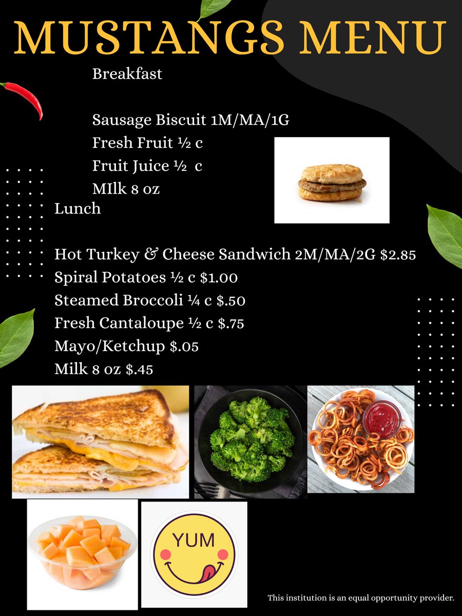 Yummy Yummy
Delicious food for our Mustangs for Lunch tomorrow Wednesday....
Hot, crunch and fresh choices!!

#ALLIN #SISD

#TheNextChapterIsOurs