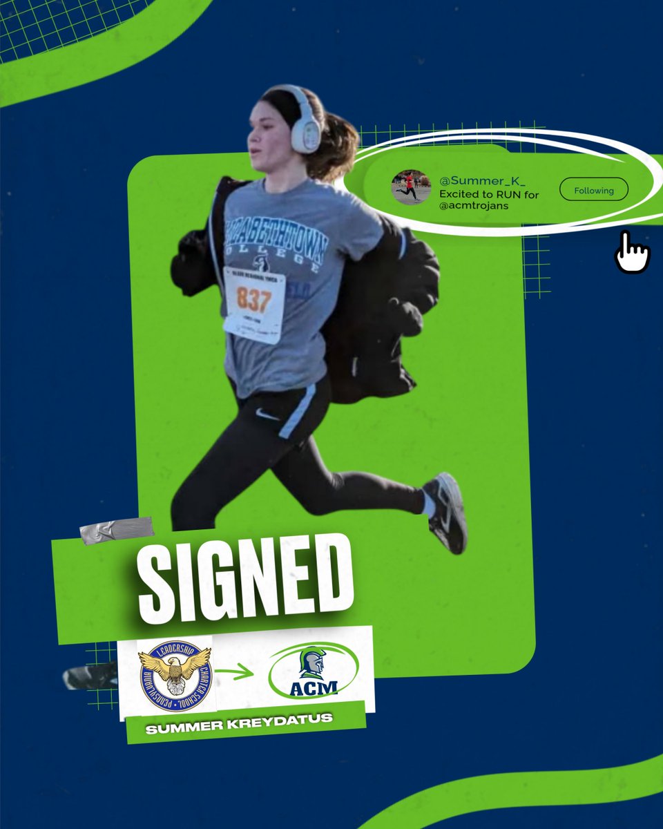 ⚡RUN SUM🎥👟

🎽 Please join us in welcoming Summer Kreydatus, our newest Trojan, who signed on for the 2025–2026 school year to run cross country!

Hailing from Pennsylvania Leadership Charter School, Summer brings her passion for endurance and creativity to ACM, where she’ll