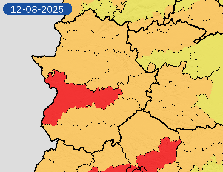 AEMET_Ext's tweet photo. 12/08 16:19 Avisos  activos hoy y mañana en Extremadura por tormentas y temperaturas máximas. Nivel máximo de aviso: rojo.
Actualizaciones en https://t.co/MeTG4t3dGR https://t.co/HfKpAlC8sI
