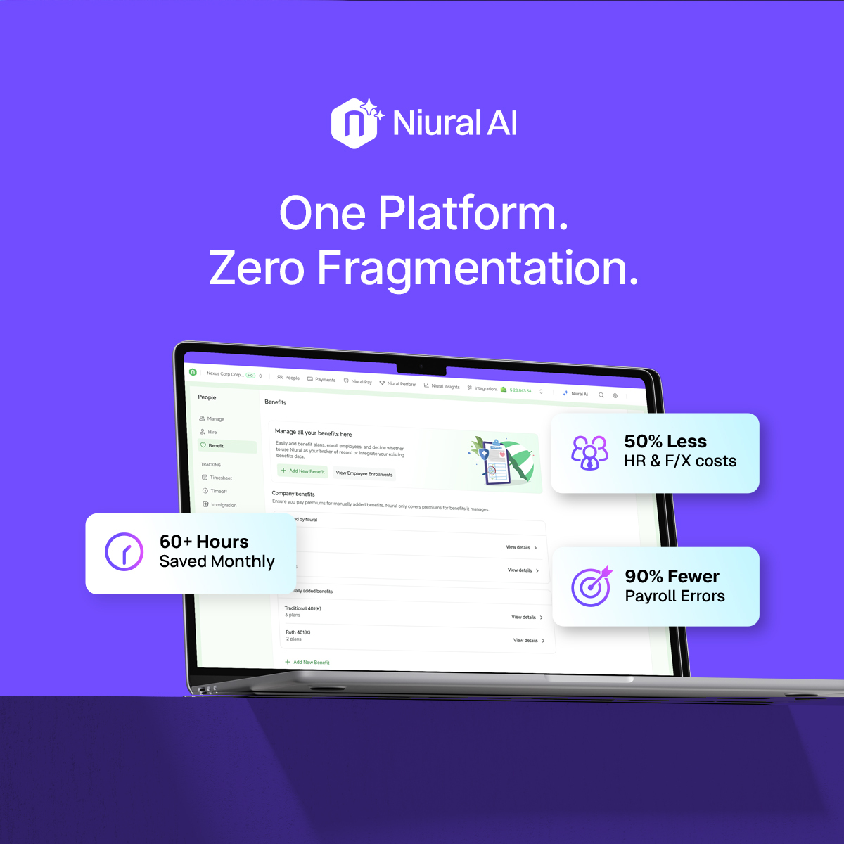 CFOs are stuck in compliance chaos, not driving growth. Fragmented systems, payroll, benefits, expenses, create a mess, not strategy. 

Niural’s AI-native platform:
◆ automates global compliance
◆ instantly adapts to policy changes 

No more manual tracking or firefighting.