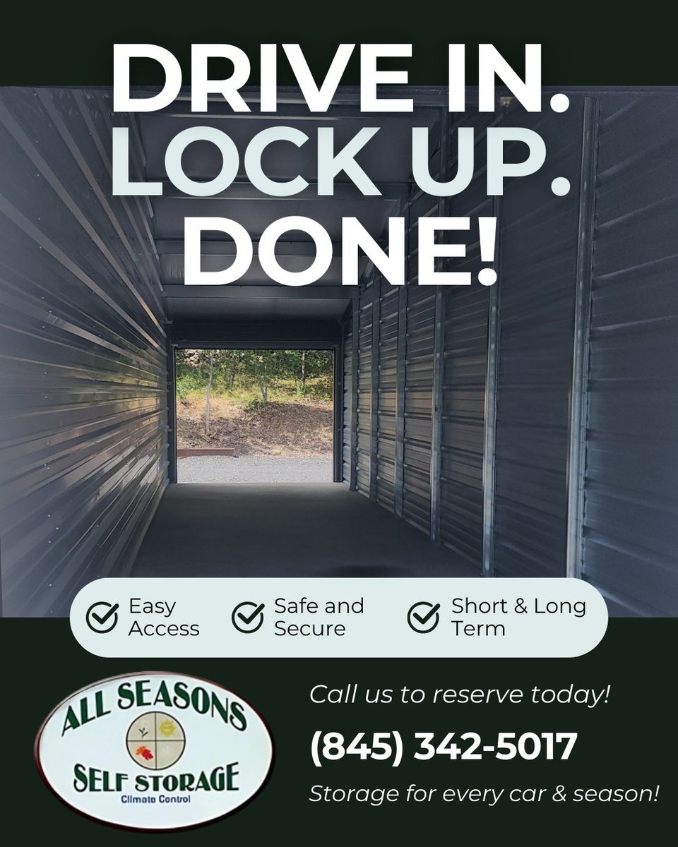 seasons_storage's tweet photo. 🚗 Drive In. 🔒 Lock Up. ✅ Done.
Your car’s safe spot is right here—secure, convenient, and ready when you are. 🅿️ Keep it protected from weather, theft, and worry.
#carstorage #SecureParking #StorageMadeEasy #vehiclestorage https://t.co/vqunZMS9b8