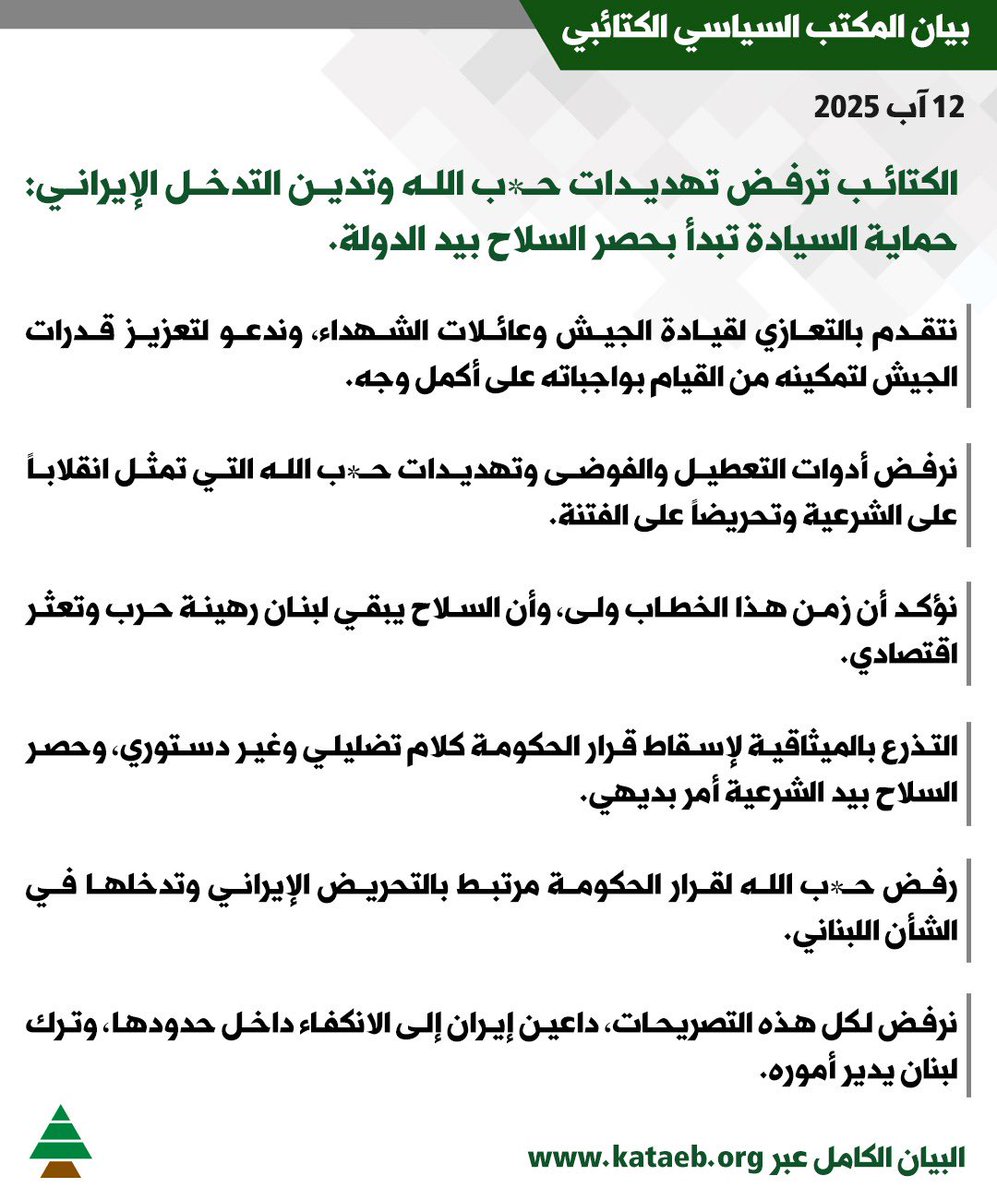 #الكتائب ترفض تهديدات حزب الله وتدين التدخل الإيراني: حماية السيادة تبدأ بحصر السلاح بيد الدولة

kataeb.org/articles/sl-20…
