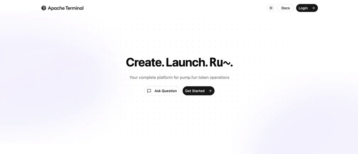 apacheterminal's tweet image. Create. Launch. Run. 
We're Live! 
Built by the Apache team. Professional token launch platform on Pump.fun