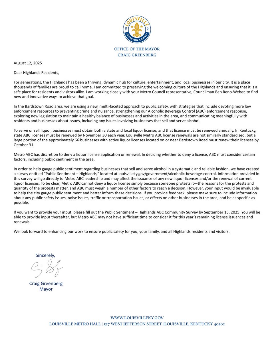 LouisvilleMayor's tweet image. We’re taking new steps to keep the Highlands safe and welcoming for everyone. 

If you live or work in the area, share your feedback on bars and nightclubs in the Bardstown Road area through the Highlands ABC Community Survey by Sept. 15. 

Your input will help guide decisions on…