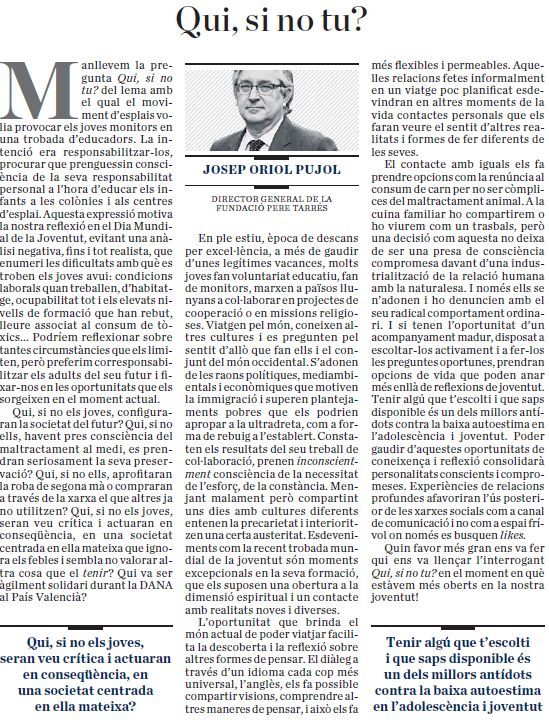 Fundperetarres's tweet image. 🗞️ En el #DiaInternacionalJoventut, el nostre director general, Josep Oriol Pujol, reflexiona al @diariARA sobre les oportunitats que tenen els #joves avui dia: "Qui, si no els joves, configuraran la societat del #futur? " 👇 #EducarActuarTransformar #JovesTransformadors