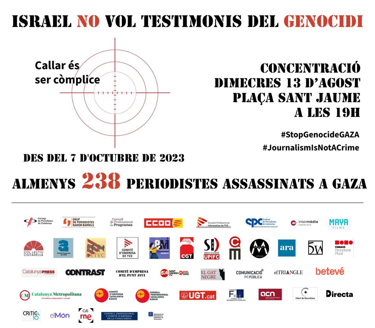 Des de la Xarxa donem suport a la concentració de demà a la Pl. Sant Jaume de Barcelona.  238 periodistes assassinats/des des del 7 d’octubre del 2023. 

#StopGenocideGAZA #JournalismIsNotACrime