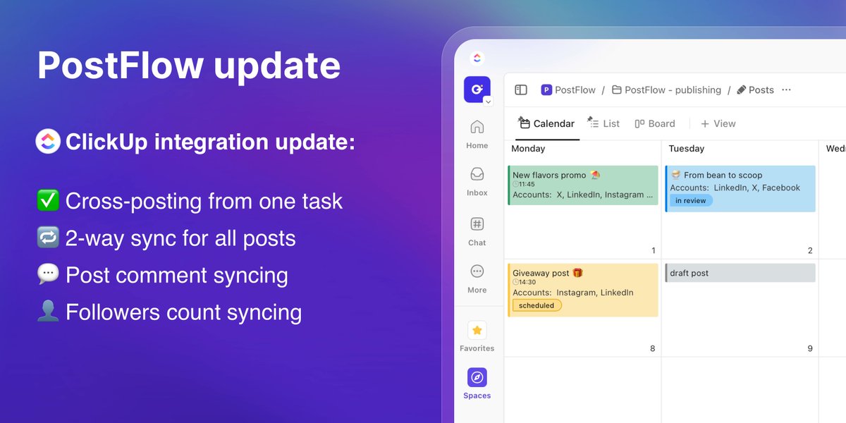 PostFlowApp's tweet image. New update is here and brings a major update to @clickup integration with the most requested features!
✅ Post to multiple accounts from a single task
🔁 Sync posts from PostFlow
💬 Post comment syncing