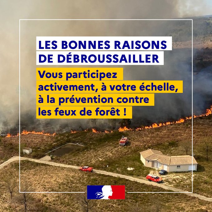 #FeuxDeForêt🔥| Le #débroussaillement est la ceinture de sécurité de votre habitation face aux feux, il : 

➡️limite leur propagation
➡️facilite l'intervention des sapeurs-pompiers
➡️diminue leur puissance

En débroussaillant votre terrain, vous investissez pour votre sécurité.