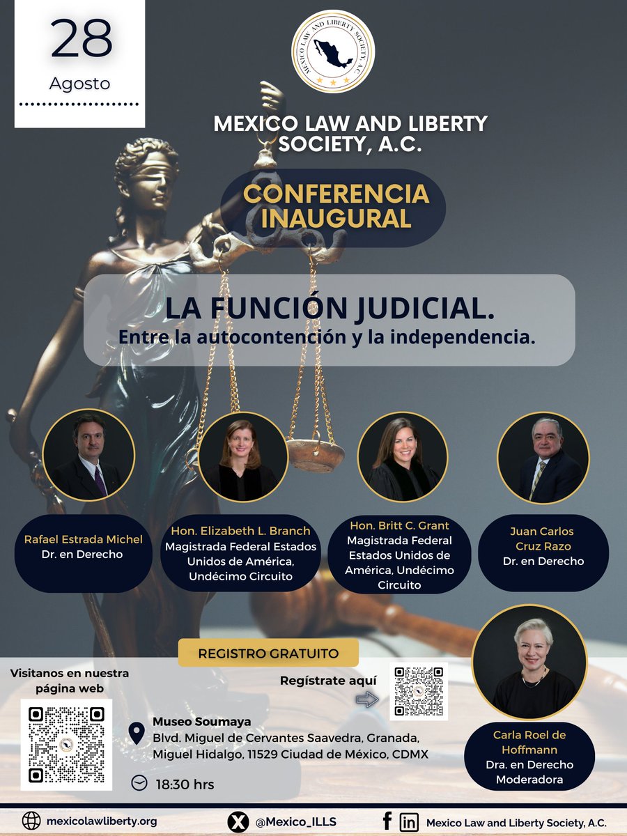 📣 Te invitamos al evento inaugural de Mexico Law and Liberty Society, A.C.

Una jornada de diálogo jurídico en torno al papel de la ley, la libertad y el orden constitucional.

🗓️ Jueves 28 de agosto
 📍 Museo Soumaya, CDMX
 🕔 18:300 hrs.

Con la participación de destacadas