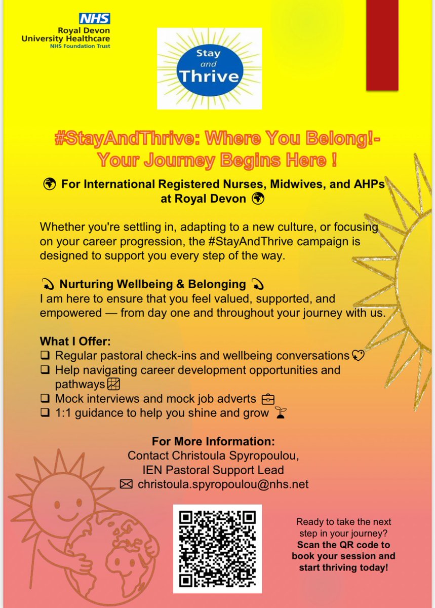 SpiropChrist's tweet image. 🌞 #StayAndThrive – Support for International Registered Staff at Royal Devon

International Nurse, Midwife, or AHP? I’m here to help you grow and thrive 💖

✅ Pastoral check-ins
✅ Career guidance
✅ Mock interviews 
✅ 1:1 support

📱 Scan the QR on poster to book a session!