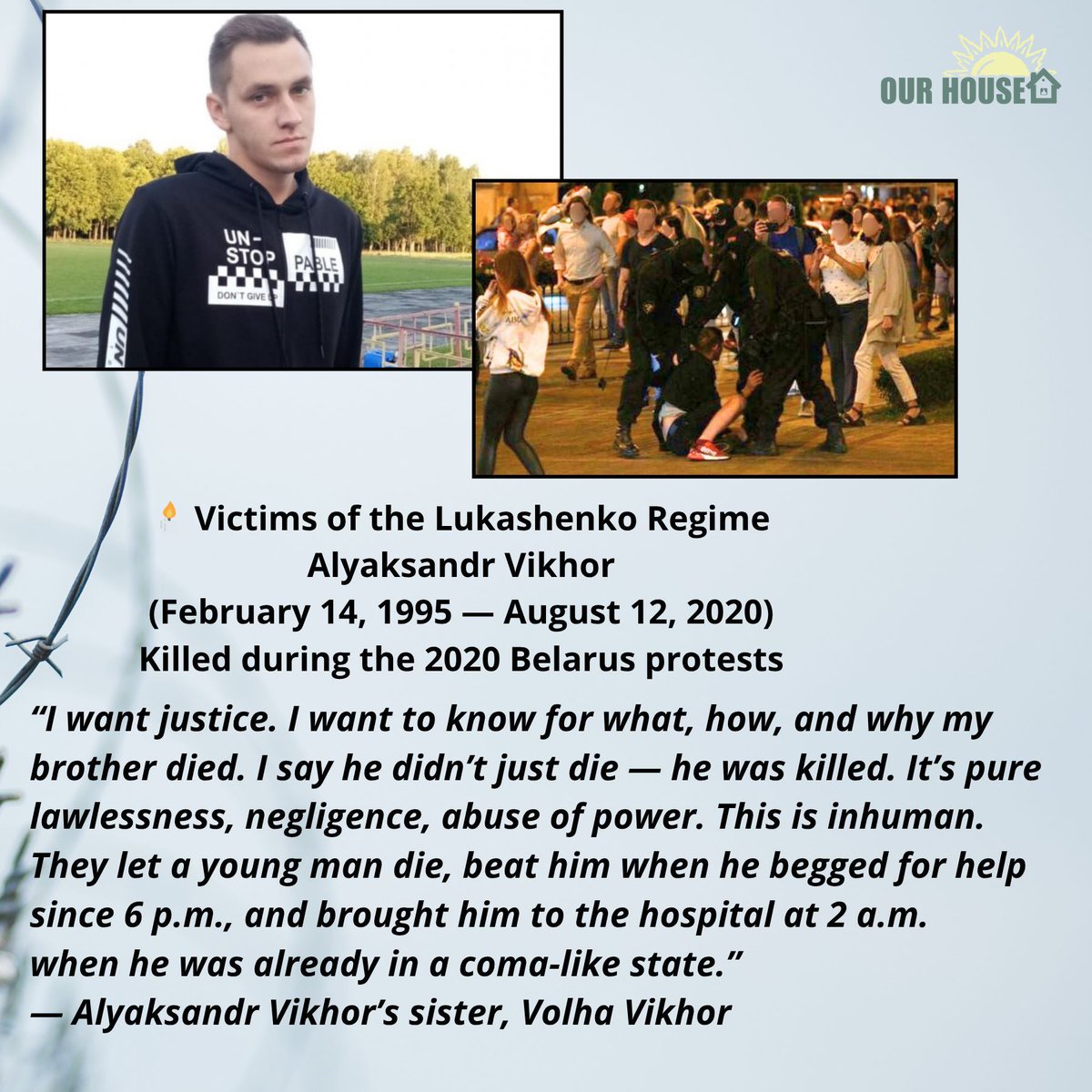 🕯️ Five years ago today, 25-year-old Alexander Vikhor died in police custody in Homel. 

He was arrested on his way to meet his girlfriend during the 2020 protests, brutally beaten, denied medical care — and left to die in a police van. 

No one was ever held accountable.
