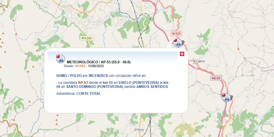 A causa dos incendios, permanece cortada a circulación na AP-53 (km 55-56, Eirelo) e na AG-53 (km 63-65, Corna). Extremen precaución e sigan indicacións das autoridades.

Por los incendios, cortada la circulación en la AP-53 (km 55-56, Eirelo) y en la AG-53 (km 63-65, Corna).