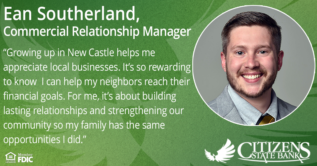 CSB_Indiana's tweet image. 📣Meet Ean Southerland! 📣  A New Castle native, he&apos;s passionate about local businesses and committed to providing solutions that support his clients&apos; financial goals.  
💼 Learn more about Ean: hubs.ly/Q03bY-yn0
#MeetOurTeam #CommunityBanking #BankSmall #TeamCSB