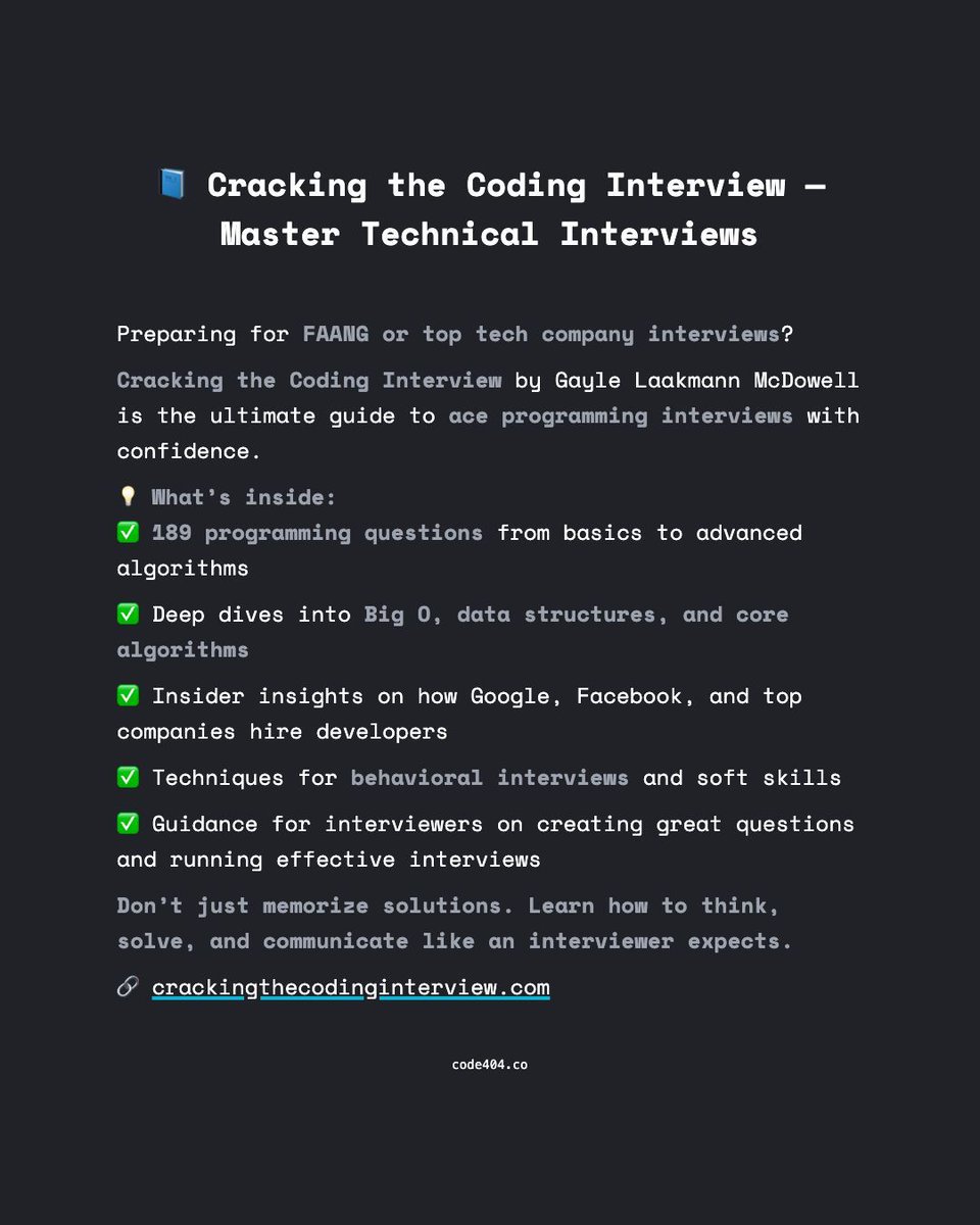 code404_co's tweet image. 📘 Cracking the Coding Interview — Master Technical Interviews
Cracking the Coding Interview by Gayle Laakmann McDowell is the ultimate guide to ace programming interviews with confidence.
🔗 crackingthecodinginterview.com
#CodingInterviews #CrackingTheCodingInterview #DSA #Algorithm