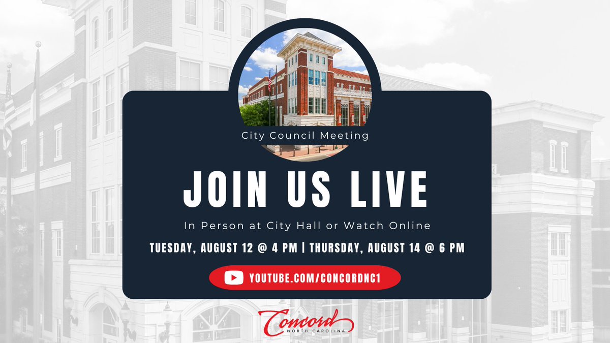 🔔 It's Council week! Today, #ConcordNC's City Council will have their first work session of the month and then a regular meeting on Thursday. Join us in-person at City Hall or tune in live 👉 youtube.com/concordnc1