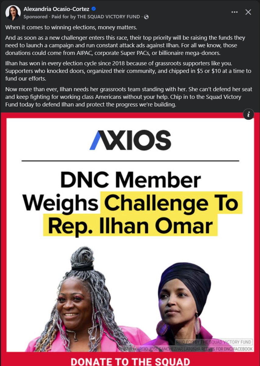 AOC is running attack ads against Dems through her official page on Facebook with The Squad Victory Fund

Poisoning the well by projecting onto Ilhan Omar's challengers what the squad is doing right here: drawing on big money and attack ads to jam a rightoid representative in...