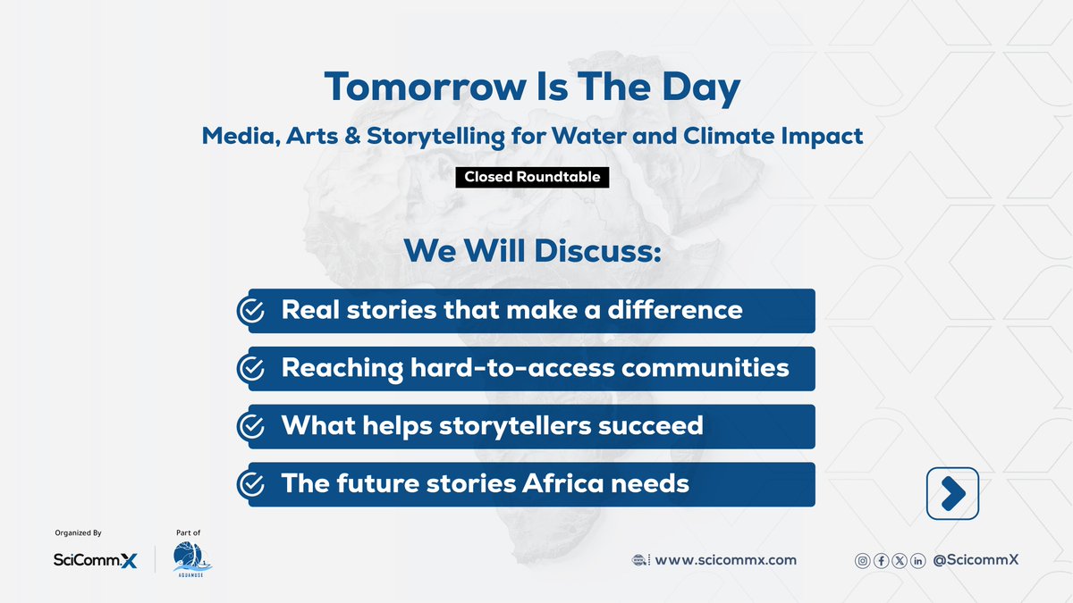 ScicommX's tweet photo. On August 13, 2025, we’re bringing together journalists and artists from across Africa for the Media, Arts &amp; Storytelling for Water and Climate Impact closed roundtable!

Follow us to get the key takeaways from the roundtable! 

Supported by @ihedelft 

#SciCommX https://t.co/BQIaLOeaWv