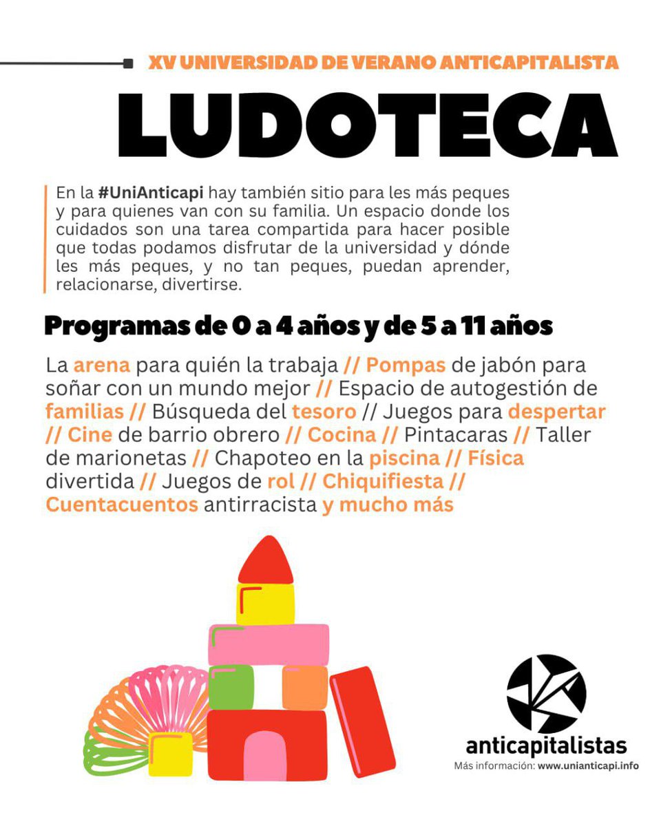 🏕️ Queremos un mundo de cuidados compartidos y espacios para todes, en la #UniAnticapi tenemos una ludoteca con programas propios para les más peques (0-4 y 5-11 años) y acampada joven para les adolescentes (12 a 16 años).

🎟️ Programas e inscripción: unianticapi.info