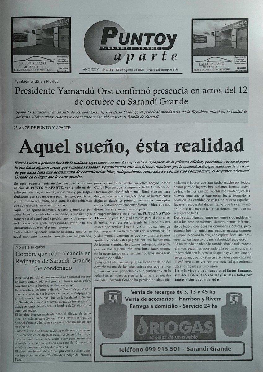No es una tapa más. Es la portada del martes 12 de agosto de 2025, en la cual celebramos 23 años ininterrumpidos de noticias, información y análisis en Semanario Punto y Aparte. Chin chin