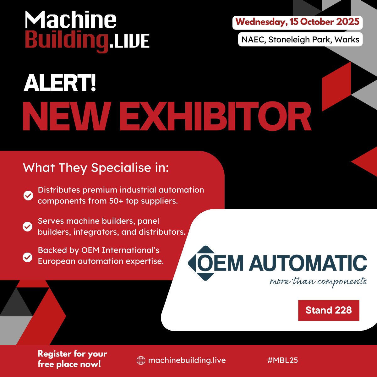 MachineBuilding.net (@machbuild) on Twitter photo We are delighted to welcome <a href="/OEM_Automatic/">OEM Automatic LTD</a> to MachineBuildingLive, taking place at the NAEC, Stoneleigh Park on 15 October 2025. Find out more here: bit.ly/3GHdsY7 Free to attend: bit.ly/4kQ9WbU
#MBL25 #engineering #ukmanufacturing We are delighted to welcome <a href="/OEM_Automatic/">OEM Automatic LTD</a> to MachineBuildingLive, taking place at the NAEC, Stoneleigh Park on 15 October 2025. Find out more here: bit.ly/3GHdsY7 Free to attend: bit.ly/4kQ9WbU
#MBL25 #engineering #ukmanufacturing