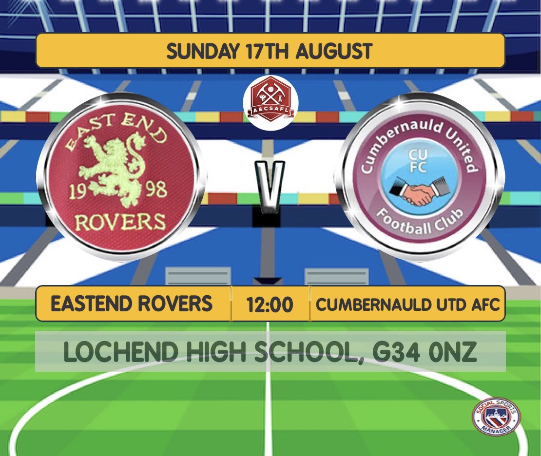 Second game of the season this Sunday away to Eastend Rovers as we look to bounce back! 12pm KO if you can get along to support us! 

Proudly sponsored by Smiddy Inn 

Proudly sponsored by Nova Fitness Cumbernauld (Link here - funnel.novafitnessandwellbeing.com/nova-gym-cumbe…)