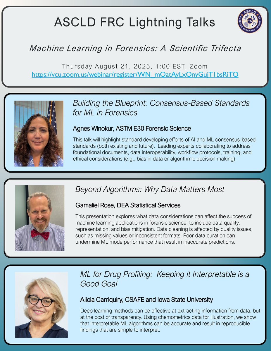 CSAFE Director Alicia Carriquiry is set to give a presentation on Machine Learning during the upcoming <a href="/ascld_/">ASCLD</a> FRC Lightning Talks:

Machine Learning in Forensics: A Scientific Trifecta
Thursday, August 21, 2025
1:00 PM EST

More info: forensicstats.org/news-posts/car…