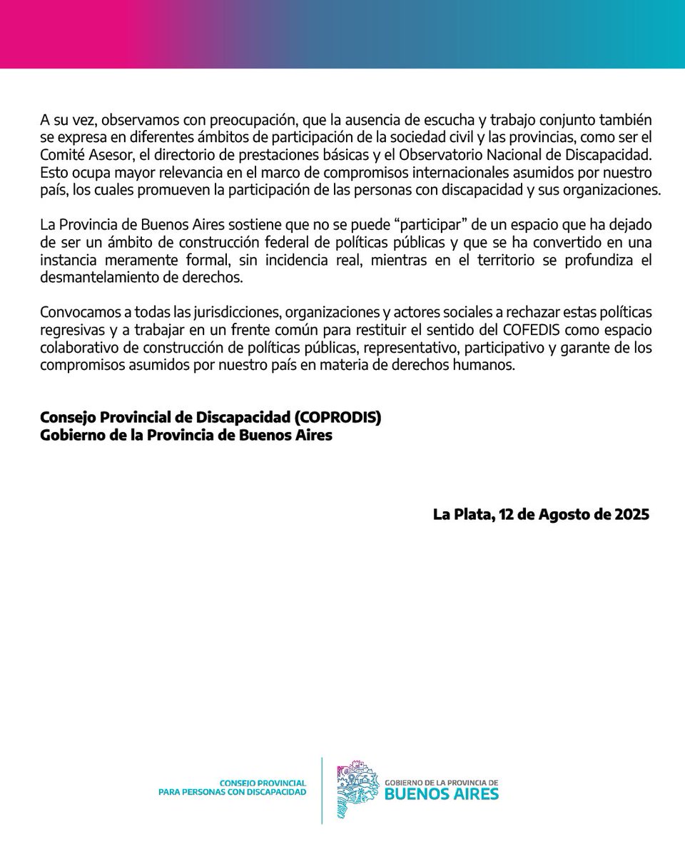 El <a href="/BAProvincia/">Gobierno PBA</a> rechaza retrocesos y vulneraciones de derechos en discapacidad y decide no participar en la 104° Asamblea Ordinaria del Consejo Federal de Discapacidad (COFEDIS).