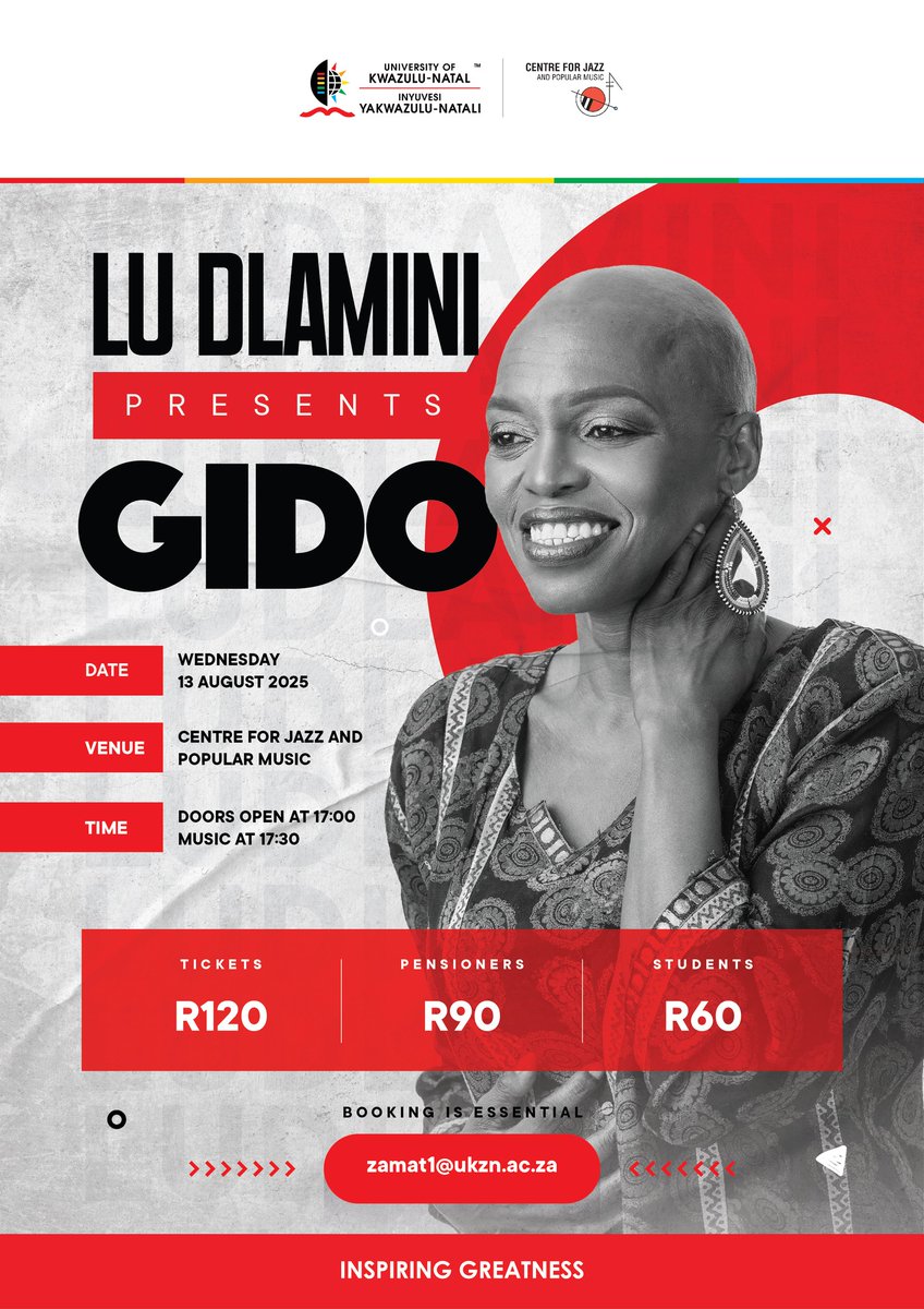 Musician Lu Dlamini as she performs music from her latest album ‘Gido’ - a Love Letter to Resilience on Wednesday 13 August 2025 at 17:30. Marius Botha, Sbu Zondi, Zibusiso Makhathini and Ntobeko Shandu. Tickets will be available for cash at the door
