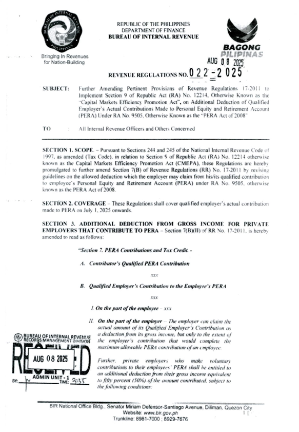 MarkGrabilloCPA's tweet photo. 𝐓𝐀𝐗 𝐀𝐋𝐄𝐑𝐓!⁣
⁣
BIR issued 𝐑𝐞𝐯𝐞𝐧𝐮𝐞 𝐑𝐞𝐠𝐮𝐥𝐚𝐭𝐢𝐨𝐧𝐬 𝐍𝐨. 𝟐𝟐-𝟐𝟎𝟐𝟓 which amends the pertinent provisions of RR 17-2011 to implement CMEPA Law.⁣
⁣
The CMEPA Law provides "𝘢𝘥𝘥𝘪𝘵𝘪𝘰𝘯𝘢𝘭 𝘥𝘦𝘥𝘶𝘤𝘵𝘪𝘰𝘯𝘴" from the Gross Income... https://t.co/WIXYwl5vTI