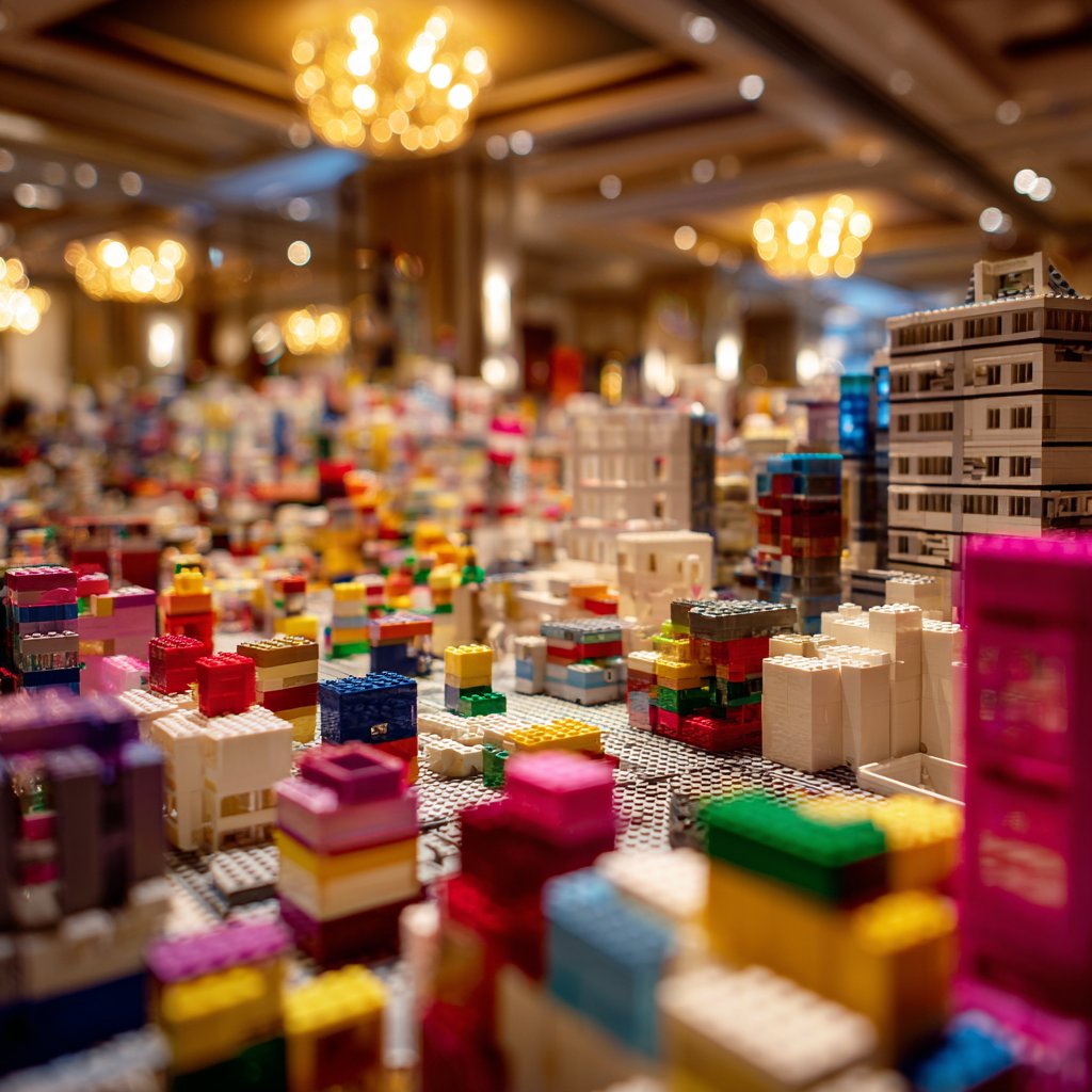 Kaspaのブロックチェーン上のモジュール式スマートコントラクトを示すカラフルなLEGO都市景観