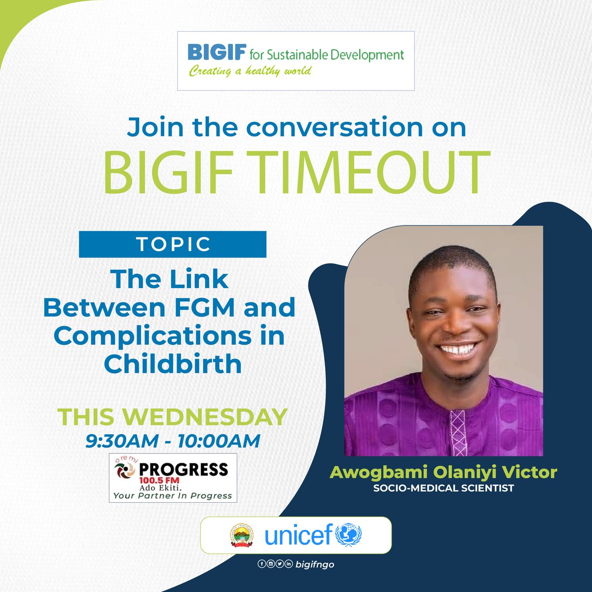 Balm in Gilead Foundation 4 Sustainable Dev-BIGIF (@bigifngo) on Twitter photo Join us for BIGIF Timeout session this Wednesday on <a href="/ProgressFM/">ProgressFM Ado-Ekiti</a> as we discuss "The Link Between FGM and Complications in Childbirth"
Time: 9:30am
#bigifforchange #endFGM #Stopfgm <a href="/UNICEF_Nigeria/">UNICEF Nigeria</a> <a href="/M4Good2EndFGM/">Movement For Good To End FGM</a> <a href="/ProgressFM/">ProgressFM Ado-Ekiti</a> Join us for BIGIF Timeout session this Wednesday on <a href="/ProgressFM/">ProgressFM Ado-Ekiti</a> as we discuss "The Link Between FGM and Complications in Childbirth"
Time: 9:30am
#bigifforchange #endFGM #Stopfgm <a href="/UNICEF_Nigeria/">UNICEF Nigeria</a> <a href="/M4Good2EndFGM/">Movement For Good To End FGM</a> <a href="/ProgressFM/">ProgressFM Ado-Ekiti</a>