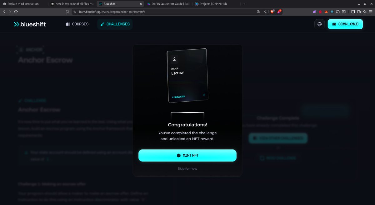 just completed the anchor escrow challenge from
<a href="/blueshift_gg/">blueshift</a> 

try it out yourself: learn.blueshift.gg/en/challenges/… 

make the shift. build on <a href="/solana/">Solana</a> 
BUILD BUILD BUILD