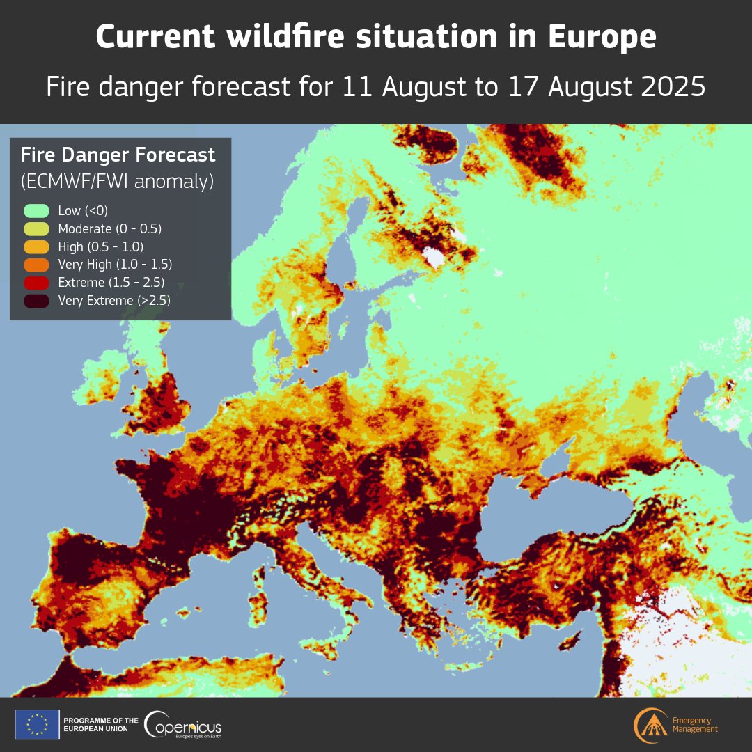 🔥Fire danger forecast for 11–17 Aug shows extreme to very extreme FWI anomalies across Europe.

Highest risk in:

🇵🇹🇪🇸NW Iberian Peninsula
🇫🇷France
🇬🇷Greece 
🇧🇬Bulgaria
🇷🇴Romania
🇸🇮Slovenia
🇦🇹Austria
🇭🇺Hungary

Also high in 🇸🇪Sweden, 🇳🇴Norway, 🇫🇮Finland:
europa.eu/!HRmFq6