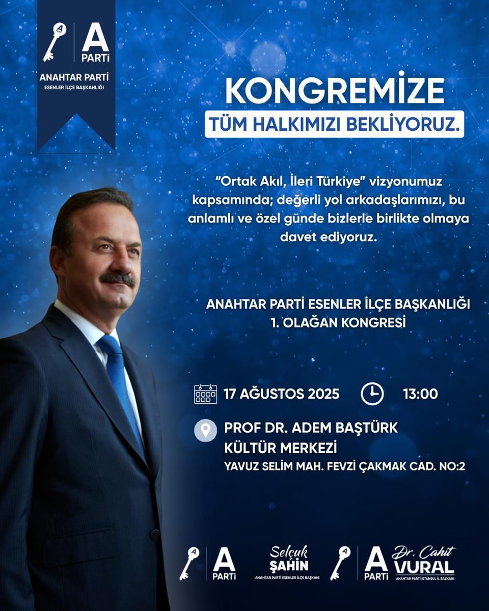 Yusuf ÇAY (@yuusufcay) on Twitter photo "Ortak Akıl, İleri Türkiye" vizyonumuz kapsamında; Tüm vatandaşlarımızı ve dostlarımızı,1. Olağan Kongremizde birlikte olmaya davet ediyoruz.
<a href="/yavuzagiraliog/">Yavuz Ağıralioğlu</a> <a href="/anahtarparti/">Anahtar Parti</a> <a href="/anahtarpartiist/">Anahtar Parti İstanbul</a> <a href="/drcahitvural/">Op. Dr. Cahit Vural</a> <a href="/slck60shn/">Selçuk Şahin</a> <a href="/esenleraparti/">Anahtar Parti Esenler</a>
#AnahtarParti #YavuzAğıralioğllu #BirSenKaldın "Ortak Akıl, İleri Türkiye" vizyonumuz kapsamında; Tüm vatandaşlarımızı ve dostlarımızı,1. Olağan Kongremizde birlikte olmaya davet ediyoruz.
<a href="/yavuzagiraliog/">Yavuz Ağıralioğlu</a> <a href="/anahtarparti/">Anahtar Parti</a> <a href="/anahtarpartiist/">Anahtar Parti İstanbul</a> <a href="/drcahitvural/">Op. Dr. Cahit Vural</a> <a href="/slck60shn/">Selçuk Şahin</a> <a href="/esenleraparti/">Anahtar Parti Esenler</a>
#AnahtarParti #YavuzAğıralioğllu #BirSenKaldın