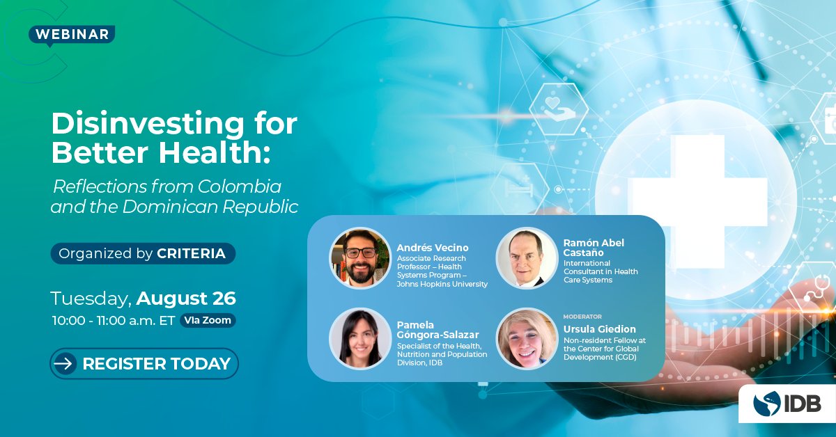 the_IDB's tweet photo. Which uses of health technologies should we stop funding?
Disinvestment in health technologies is a key strategy that enables the release of resources and redirects them toward effective interventions, generating better health with the same resources.
🔗 Register here: https://t.co/MGE7HWjOcS
@PGongoraSalazar, @andresvecino, @RamonAbelC, @ugiedion