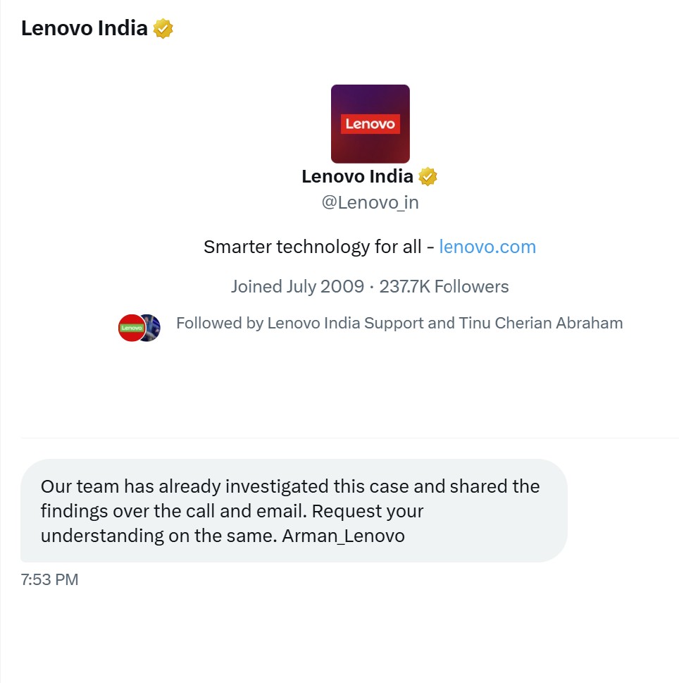 VoiceModeOn's tweet photo. Arman, @Lenovo_in, @Lencare_In & #ComnetInfotechBaliNagarNewDelhi, 
say in DM that they’ve “already shared findings over call and email.”
Here’s the actual last email response on the left from their escalation team — only says “we have escalated.”
Why mislead instead of addressing the tampering & wiped logs? @Lenovo_in @Lencare_In 
I clearly said I do not want to receive DMs unless you are resolving the issue. 

#NotBackingDown
#UsedSoldAsNew #ConsumerAlert #LenovoLaptop #ConsumerRights #UnfairTradePractice

@NCH1915 @jagograhakjago @consaff @consumerforum_ @consumerForumCF @inconsumerforum @skatyal1