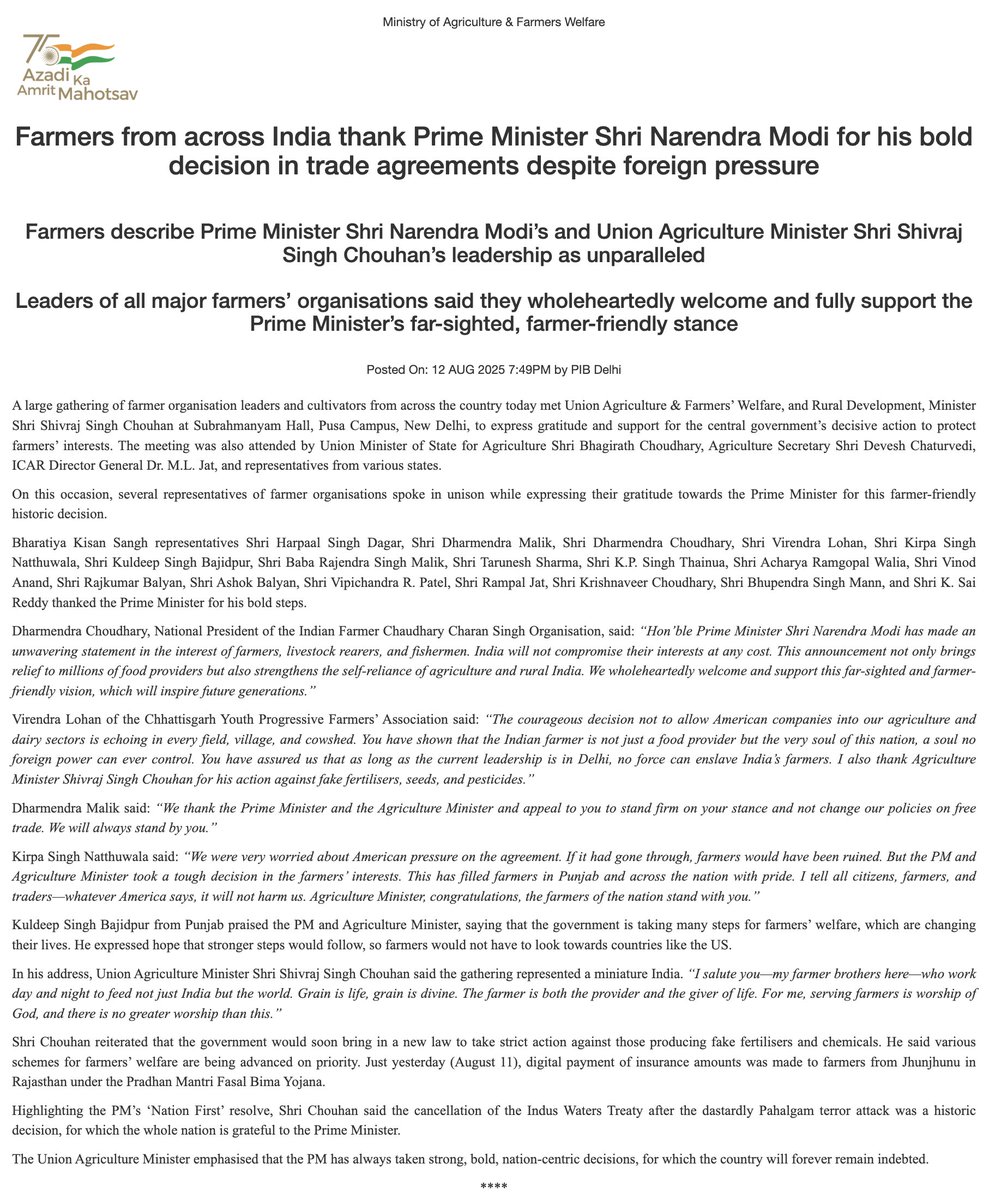 DD News (@ddnewslive) on Twitter photo Farmers from across India thank PM <a href="/narendramodi/">Narendra Modi</a> for his bold decision in trade agreements despite foreign pressure.
Farmers describe PM Modi’s and Union Agriculture Minister <a href="/ChouhanShivraj/">Shivraj Singh Chouhan</a>’s leadership as unparalleled.
Leaders of all major farmers’ organisations said they Farmers from across India thank PM <a href="/narendramodi/">Narendra Modi</a> for his bold decision in trade agreements despite foreign pressure.
Farmers describe PM Modi’s and Union Agriculture Minister <a href="/ChouhanShivraj/">Shivraj Singh Chouhan</a>’s leadership as unparalleled.
Leaders of all major farmers’ organisations said they