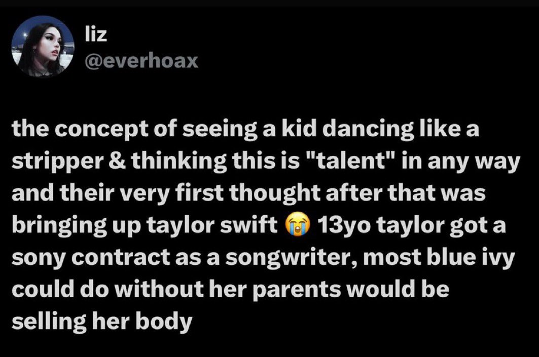 “Hive is mad” 
“Hive starting beef” 
“Hive sl*t shaming” 

Meanwhile Swifties during the cowboy Carter tour about a CHILD. 

Fk all of you.