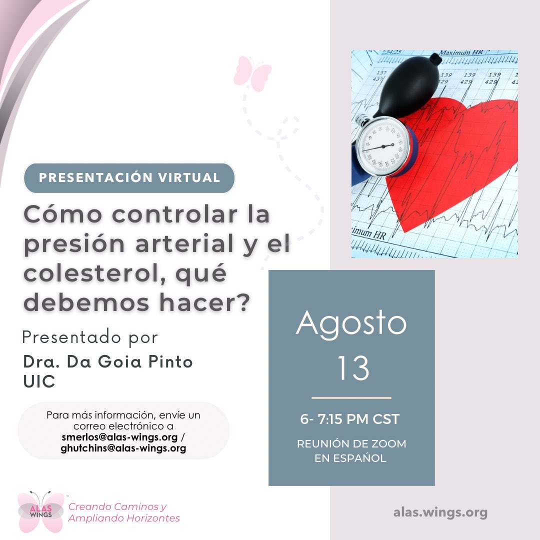 ALASWINGSORG's tweet photo. Cómo controlar la presión  arterial y el colesterol, qué debemos hacer?
Presentado por la Dra. Da Goia Pinto, UIC

Miércoles 13 de Agosto de 6 a 7:15 pm

Registrese aquí:  https://t.co/619GoYGs2x

#cancerdemama #cancerdeseno #autocuidado #detecciontemprana #bcsm #breastcancer https://t.co/1aKeEi31uv