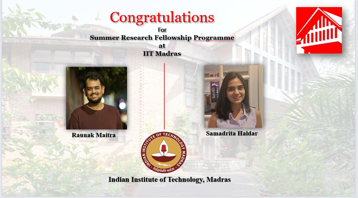 CDSplacementcel's tweet photo. The Placement Cell congratulates Raunak Maitra and Samadrita Haldar of the MA 2024–26 batch on successfully completing their Summer Research Fellowship Programme at IIT Madras. Wishing them continued success in their academic and professional journey! 

#Internship #econtwitter https://t.co/UbN90Qzwtb