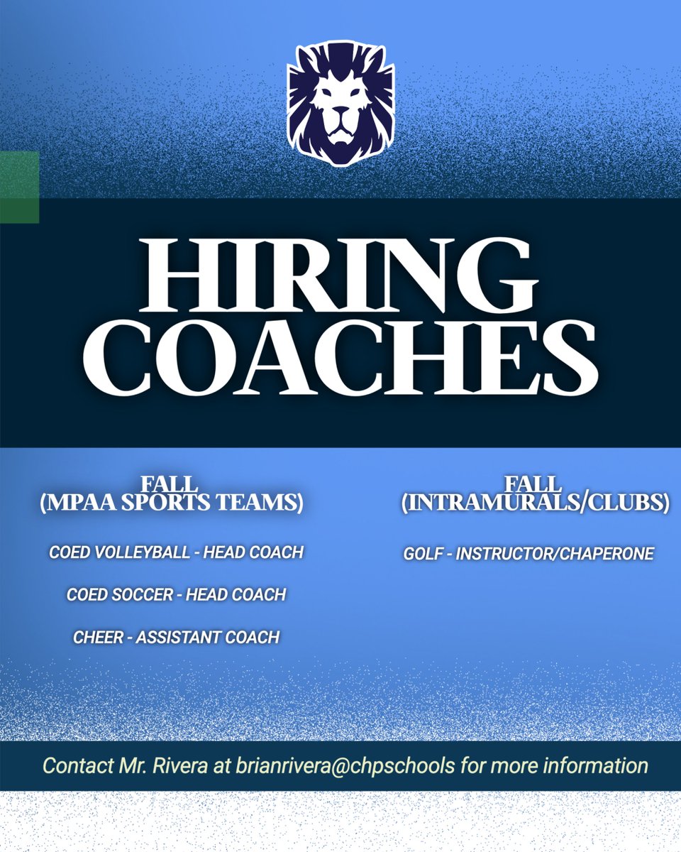 CHP Schools Athletics (@chpathletics) on Twitter photo Interested in coaching at Eugenio Maria De Hostos Charter School?
Contact brianrivera@chpschools.org #GoLIONS Interested in coaching at Eugenio Maria De Hostos Charter School?
Contact brianrivera@chpschools.org #GoLIONS