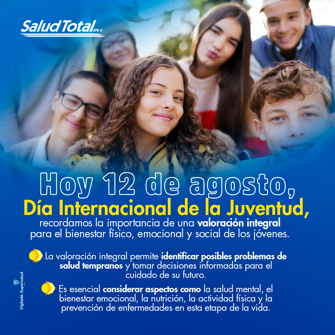 Salud Total EPS-S (@epssaludtotal) on Twitter photo 🌱 En el Día Internacional de la Juventud, celebremos el potencial de nuestros jóvenes. ¡Las valoraciones integrales entre los 18 y 28 años ayudan a prevenir problemas futuros! 
Agenda tu cita a través de tu IPS de atención primaria.
#SaludJuvenil #BienestarJuvenil 🌱 En el Día Internacional de la Juventud, celebremos el potencial de nuestros jóvenes. ¡Las valoraciones integrales entre los 18 y 28 años ayudan a prevenir problemas futuros! 
Agenda tu cita a través de tu IPS de atención primaria.
#SaludJuvenil #BienestarJuvenil