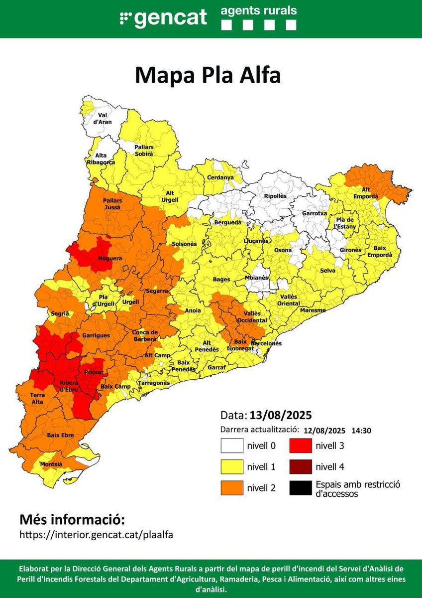 ‼ Risc elevat d’#incendi forestal 🔥 a #Montserrat

🔴 13/8 Activat #PlaAlfa 2 a tots els municipis del <a href="/PNMontserrat/">PN Montserrat</a>

⚠️ Extrema la precaució en activitats al #medi #natural
❌ No encenguis foc
❌ No llencis burilles ni deixalles
📞 Davant qualsevol indici de foc, truca al <a href="/112/">112</a>