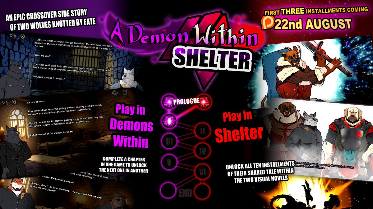 shelter_vn's tweet image. The special A Demon Within Shelter collaboration is releasing on...

Friday, August 22nd!

Play the first THREE installments of this fun side story between BOTH Shelter and Demons Within!🐺🐺

The release will happen on Patreon first and become public as new ones come, as usual!