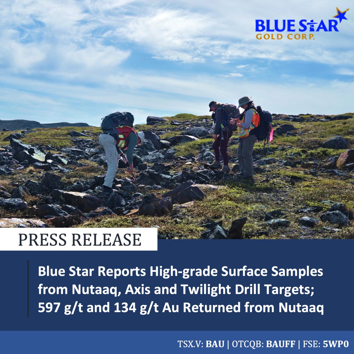 BlueStarGold1's tweet photo. Blue Star Gold has completed its Phase I Surface Exploration Program in Nunavut’s High Lake Belt, returning multiple high grade gold samples including 597 g/t Au from the Nutaaq Zone. Read the PR here: https://t.co/tQs8TTGZHK
#BlueStarGold #GoldMining #GoldExploration https://t.co/L61xwJkG2o