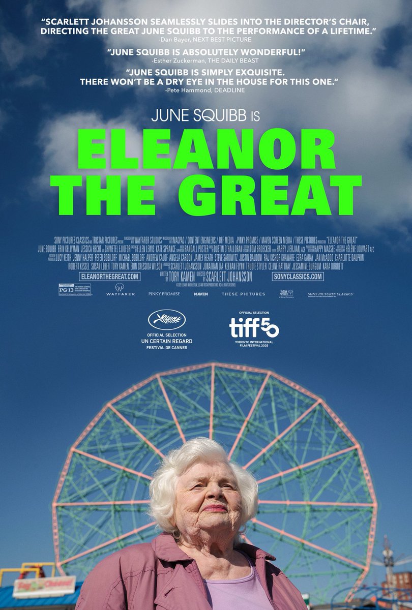 The official poster for Scarlett Johansson’s directorial debut ‘ELEANOR THE GREAT’ has been released.

Starring June Squibb, Erin Kellyman, Jessica Hecht and Chiwetel Ejiofor. Written by Tory Kamen.

In theaters September 26.